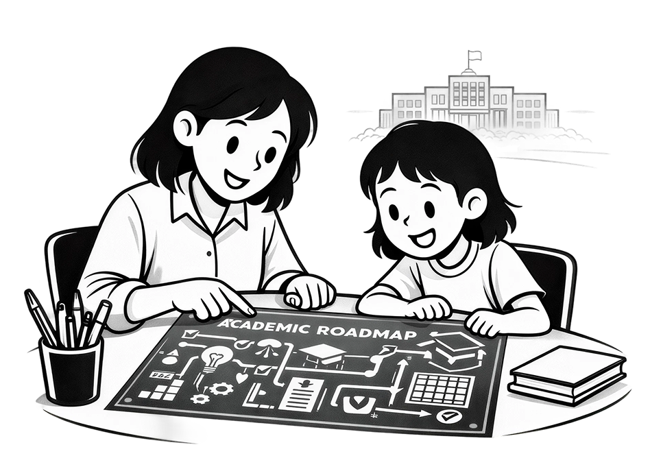 Teacher and student reviewing an academic roadmap